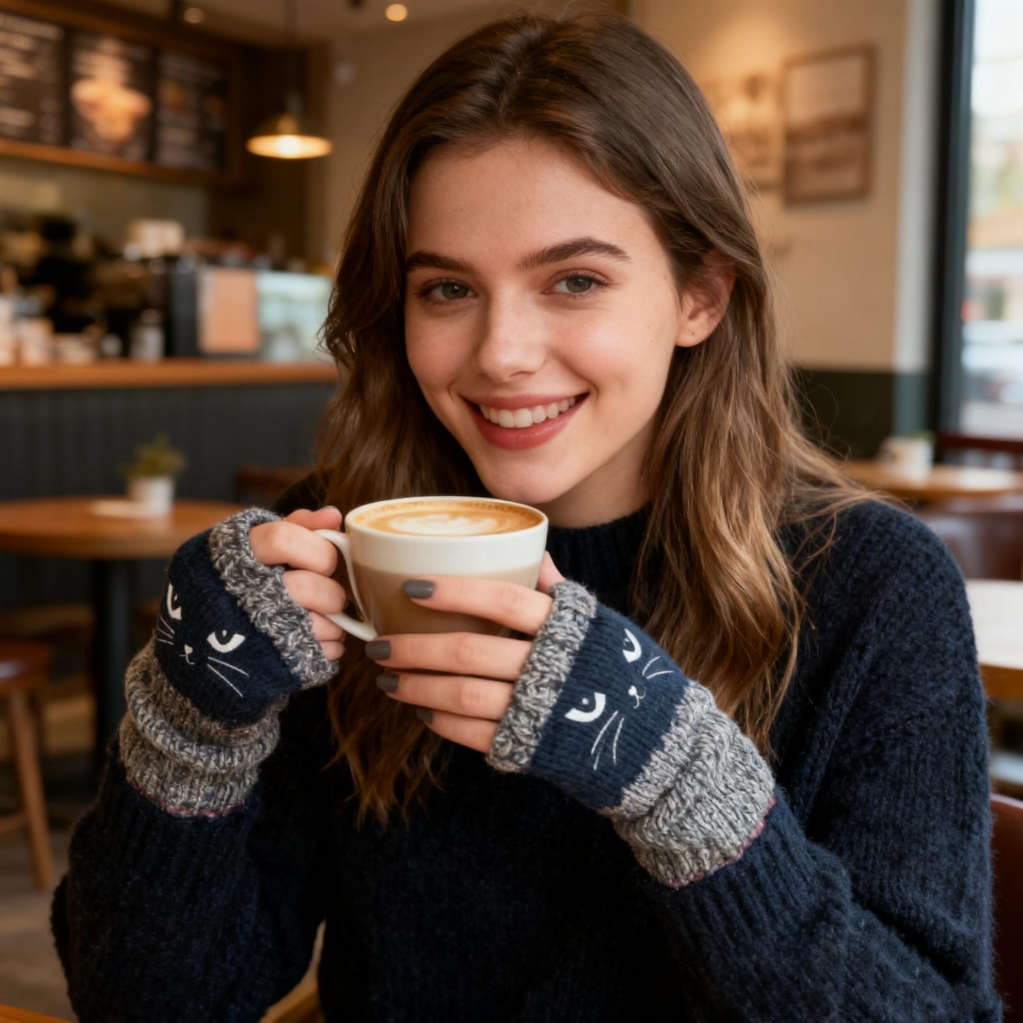 [Buy One Get One Free] These ladies' knitted fingerless gloves with cute cat embroidery patterns are comfortable and fashionable gloves suitable for casual spring wear and festive occasions.