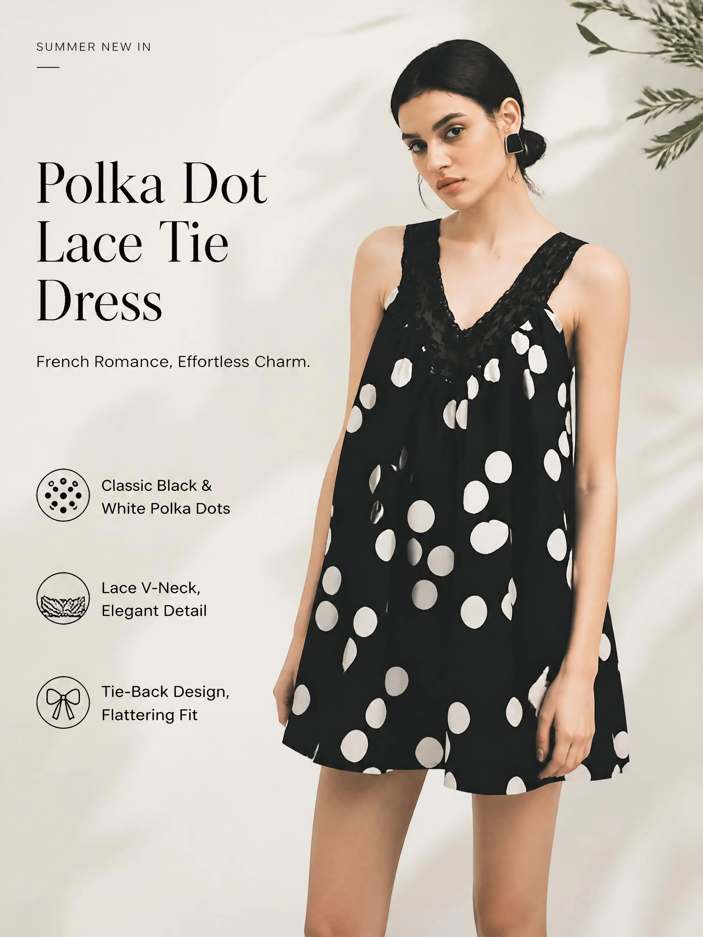 Women’s summer polka dot dress, American vintage style, unique design, sexy backless lace patchwork, alluring camisole dress