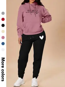Women's Casual Hooded Sweatshirt Set, Tracksuit Set, Long Sleeve Letter Print Top & Pants, Fall Winter Fitted Sportswear with Pockets, Sweatsuit Matching Set