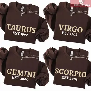 (LEAVE A NOTE OR DM SHOP) Zodiac Custom Year Graphic DARK CHOCOLATE Color Sweatshirt– Astrology Sign Crewneck for Men and Women, Gemini, Aquarius, Pisces Cozy Horoscope Pullover with Bold College Letter Design, Perfect Gift for Zodiac Lovers - AG