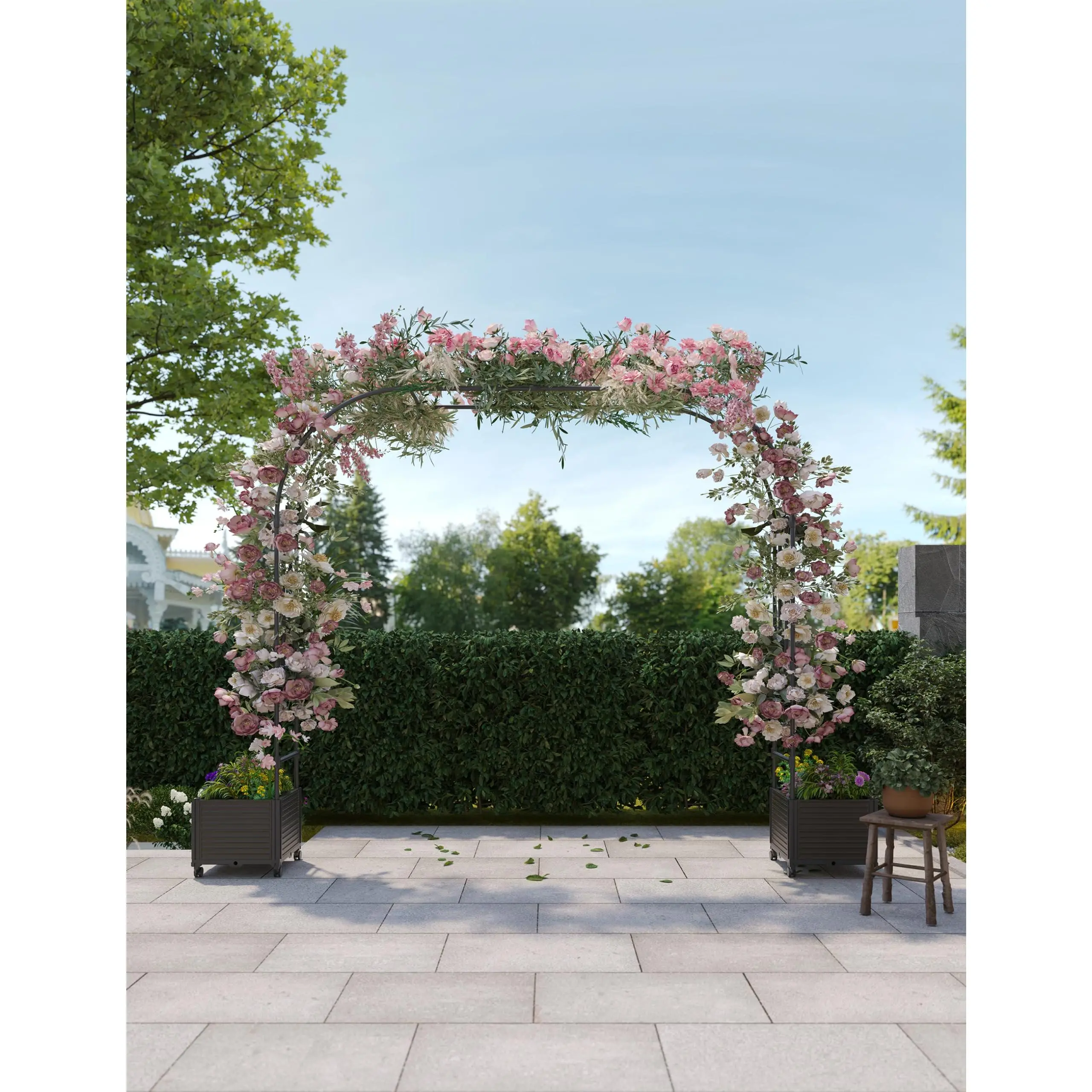 Sturdy Metal Garden Arch Trellis with Raised Planter Box, 95-Inch Outdoor Wedding Arbor & Backdrop Stand for Climbing Plants, Parties, Ceremonies & Yard Décor, Flower & Vine Support