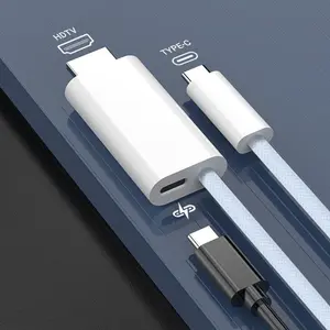 2-in-1 USB C to HDMI Nylon Braided Cable 6.5FT with 60W PD Charging Port – 4K Video Adapter Cord, Plug & Play, Premium Build, Universal Device Compatibility for Enhanced Display & Charging – TYPE-C-4K-HDTV-Charger-White