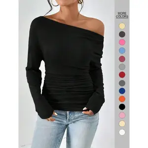 Women's Plain Minimalist Basic Ruched Asymmetrical Neck Drop Shoulder Tee, Elegance Mufti Clothes, Fall Long Sleeve T-shirt for Everyday, Back To School T Shirts, Lady Clothes for Streetwear, Womenswear, Casual Wear