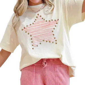 Beige Star Print Stud Detail Cotton Jersey Top