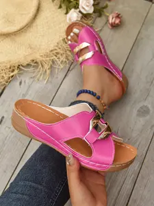 Hot Wedge Slide Fashionable Sandals for Women, Buckle Platform Slippers, Comfy Non-Slip Summer Shoes, PU Material, Less Than Ankle Height