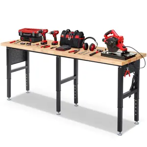 ENJOYWOOD Adjustable Height Work Bench, 84x24 In Rubber Wood Top, 5000 Lbs Load Capacity Workstation with ETL-Certified Power Strip, Extended Pegboard, Pre-Drilled Holes, Cord/Cable Organizers for Garage, Workshop