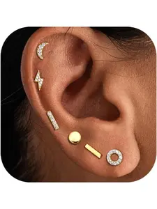 6 Pairs Sterling Silver Stud Earrings Hypoallergenic Earrings Stud Bar Circle CZ Stud Earrings Lightning Bolt Earrings Tiny Stud Earrings Set White Gold Plated Cartilage Earrings Studs for Women