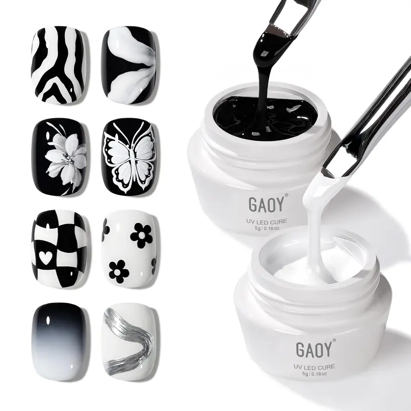 GAOY Black & White Painting Gel for Nail Art, Creamy Gel Polish, No Wipe | for Lines, Floral Designs, Patterns or French Nails, Salon and Home DIY, UV Light Cure