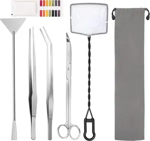 6 Pack Aquarium Tools Kit - With 1*Random Color Storage Bag, 6in 1 A Aquatic Plant Aquascaping Tool Stainless Steel Tweezers Scissors Spatula For Aquarium Tank Clean Tools With Fishing Net, 80P PH Paper stuff