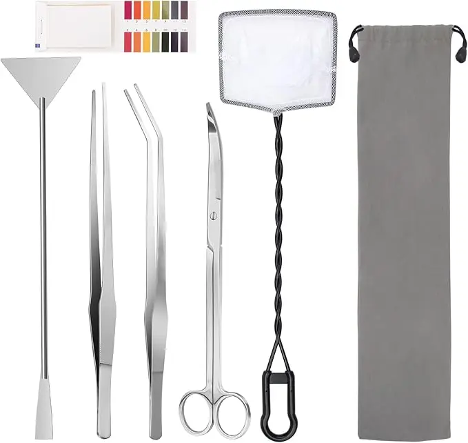 6 Pack Aquarium Tools Kit - With 1*Random Color Storage Bag, 6in 1 A Aquatic Plant Aquascaping Tool Stainless Steel Tweezers Scissors Spatula For Aquarium Tank Clean Tools With Fishing Net, 80P PH Paper stuff