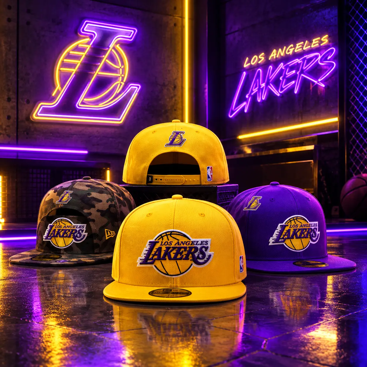 New Era NBA Los Angeles Lakers 59FIFTY 9FORTY Snapback Baseball Cap Premium Gold Yellow Purple Camo Embroidered Logo Flat Brim High Crown Structured Streetwear Hip Hop Sports Hat for Men Women TikTok Viral USA 2026