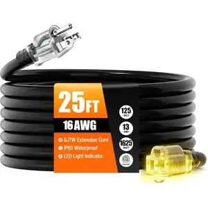 25 FT Outdoor Extension Cord , 16/3 Gauge Heavy Duty 3 Prong Power Cord with Lighted  End, 13A 125V 1625W SJTW, ETL Listed,  for Lawn/Garden/(Black)