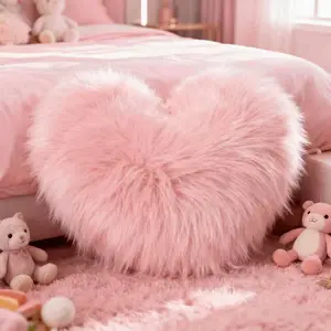 Heart Pillow Cover, Cute Solid Color Wool Pillow Gift, Bedroom Sofa Waist Pad, Office Chair Long Plush Cushion, Soft Furry Cushion