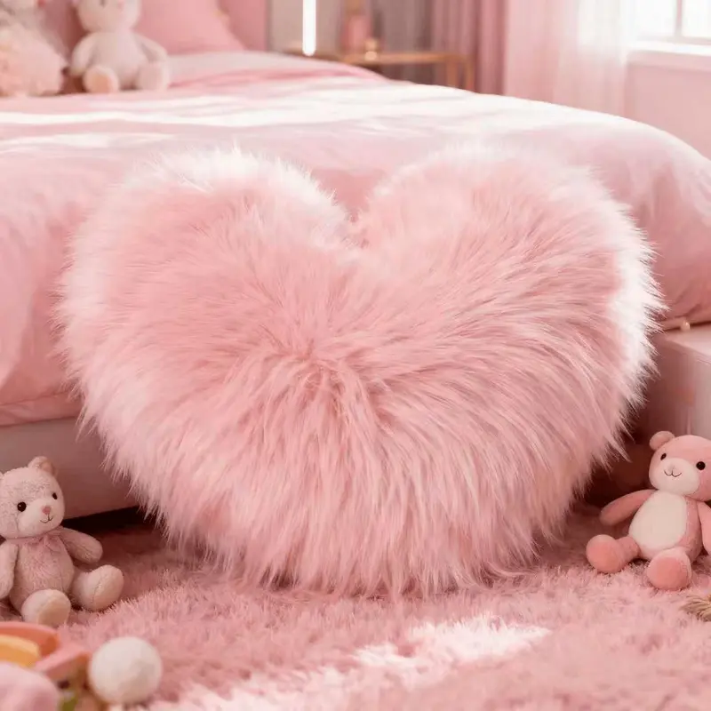 Heart Pillow Cover, Cute Solid Color Wool Pillow Gift, Bedroom Sofa Waist Pad, Office Chair Long Plush Cushion, Soft Furry Cushion, House Decoration Cushion