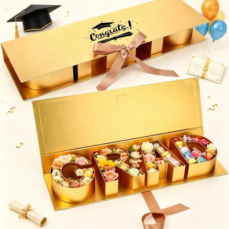 2026 Graduation Exquisite Gift Box 16.5 Inch, Gold and Black Grad Letter Shaped Fillable Cardboard Box with Greeting Card & Raffia Grass, Glitter Blue Rose Decor DIY Grad Tray Box for High School College Graduate Party Favors Gifts