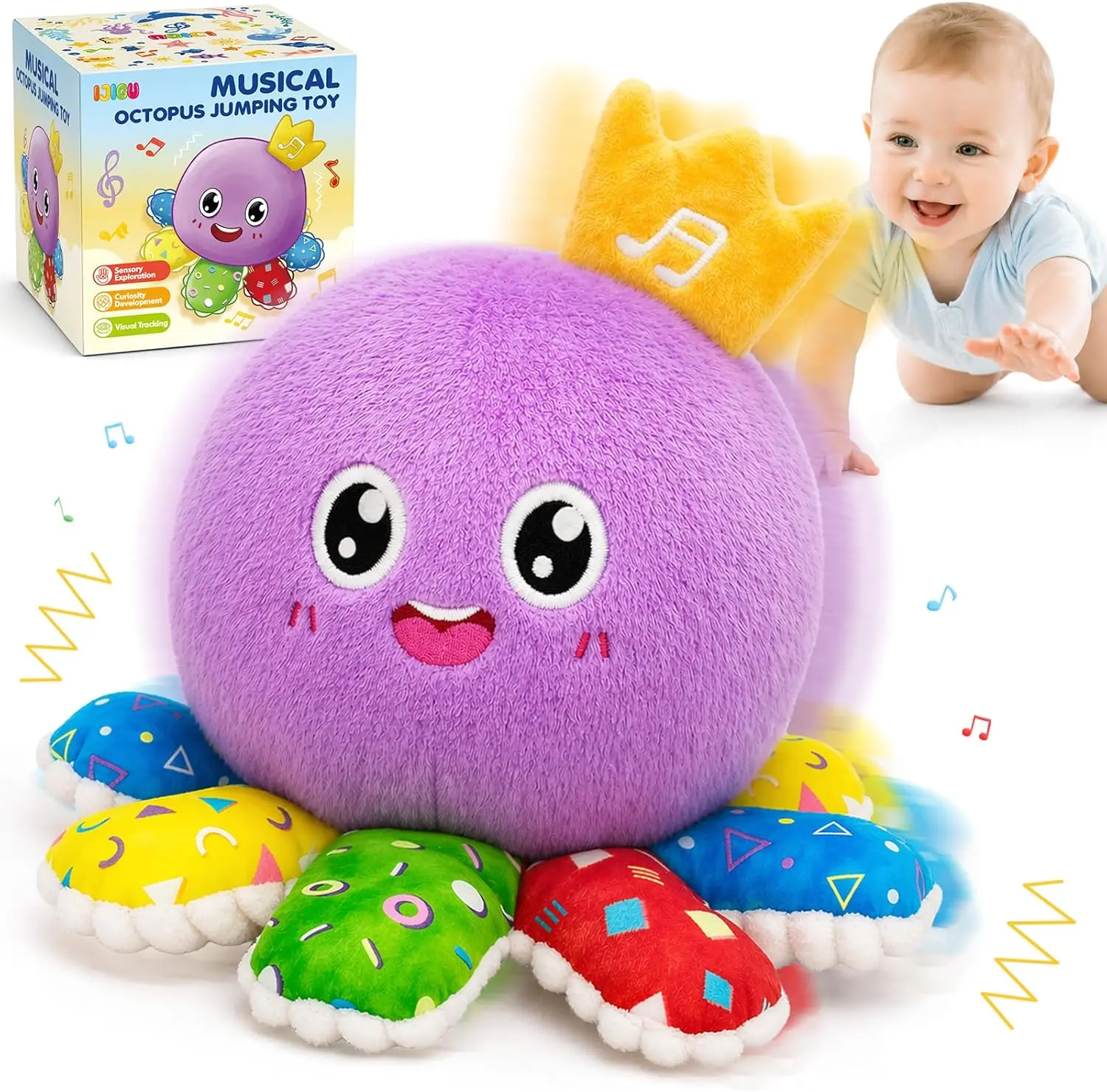 Baby Toys 6-12 Months, Infant Musical Crawling Octopus Plush Toy, Interactive Tummy Time Sensory Toy for Babies 6-18 Months, Toddler Gift for Boys Girls