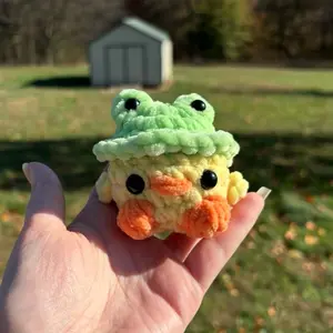 Crochet Duck Wearing a Frog Hat Adorable Handmade Plush Toy for Collectors