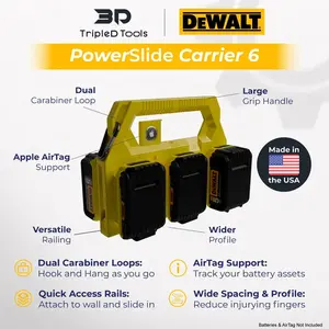 Dewalt Battery Caddy PowerSlide Carrier 6 w/ AirTag Tracking Support by TripleD Tools - Secure Battery Holder Made in America