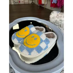 Blue smiley checker slippers