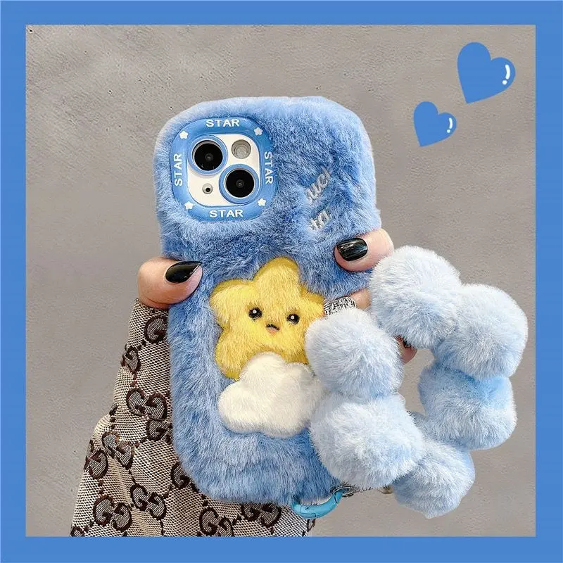 Winter Plush Embroidered Star Cloud Phone Case for iPhone 17 16 15 14 13 12 11 Pro Max Cute Girls 2023 New Soft Warm Back Cover Adorable Star Design