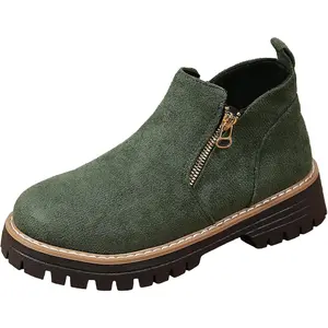 Women's Suede Material Ankle Boots, Low Chunky Heel Platform Booties with Side Zipper, Round Toe, Non-Slip Lug Sole, Comfortable Fall Fashion Dress Short Shoes, Women's Footwear