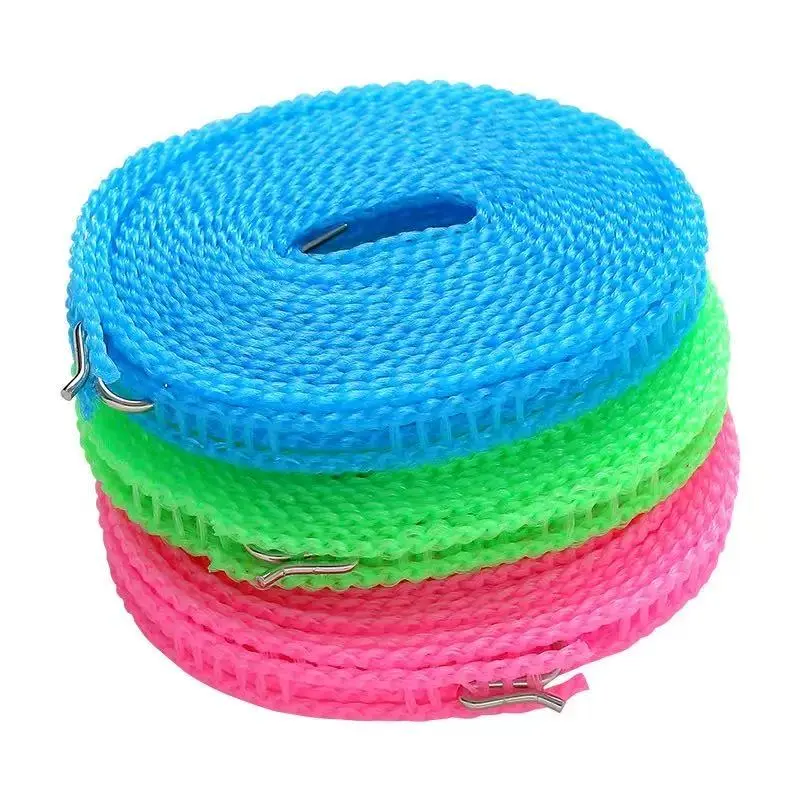 5M Non-Slip Nylon Clothesline with 3 Colors, Portable Windproof Drying Rope with Metal Hooks for Travel Camping Dorm Use