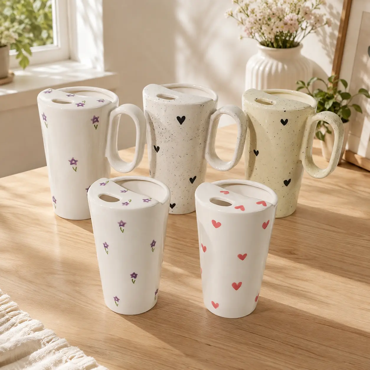 12 oz Handmade Ceramic Beverage Cup - Pink Heart Cute Cups, Travel Mug with Sip Hole, Microwave-Safe, Dishwasher-Safe Kitchen Drinkware Must Haves, Everyday Use, Ideal for Gift Giving to Women