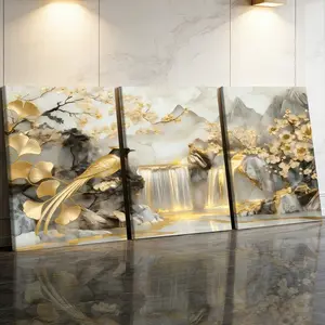 3 Counts Wooden Framed Canvas Painting, Golden Bird And Waterfall Landscape Images, Exquisite Poster, Perfect Gift, Decor For Living Room, Bedthroom, Modern Art, Fashion Family Poster, Wall Art Decoration