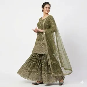 Women's Olive Green Embroidered Gharara Dress - Silk-Cotton Fabric, Long Sleeve, Formal Party/Bridal Wear with Net Dupatta