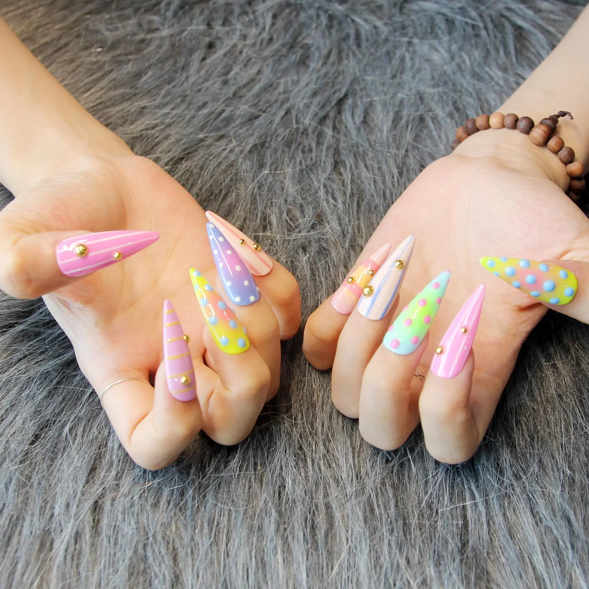 Pastel Candy Polka Dot Press On Nails – Gradient Dotted Stiletto, Rainbow Nail