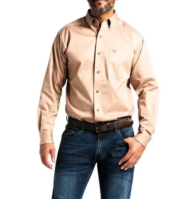 Men's Ariat Solid Twill Classic Long Sleeve Shirt - Beige/Khaki