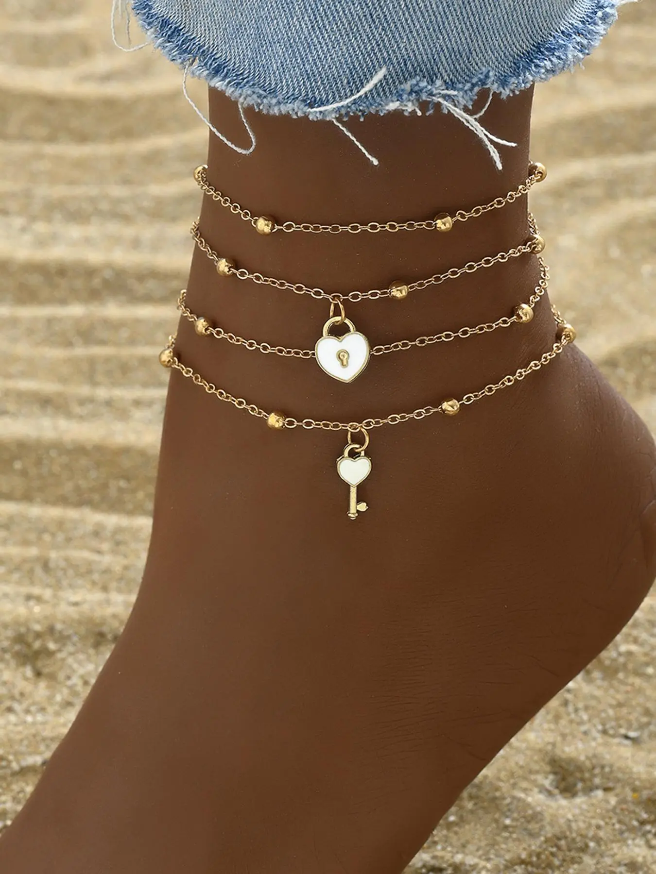 2 Piece Set Fashion Beaded Chain Heart Key Lock Women's Anklet, Beach Style Layered Anklet, Perfect Gift for Friends and Holidays