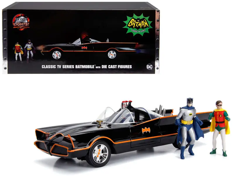Classic TV Series Batmobile w/Working Lights, Diecast Batman & Robin Figures "80 Years of Batman" 1/18 Diecast by Jada