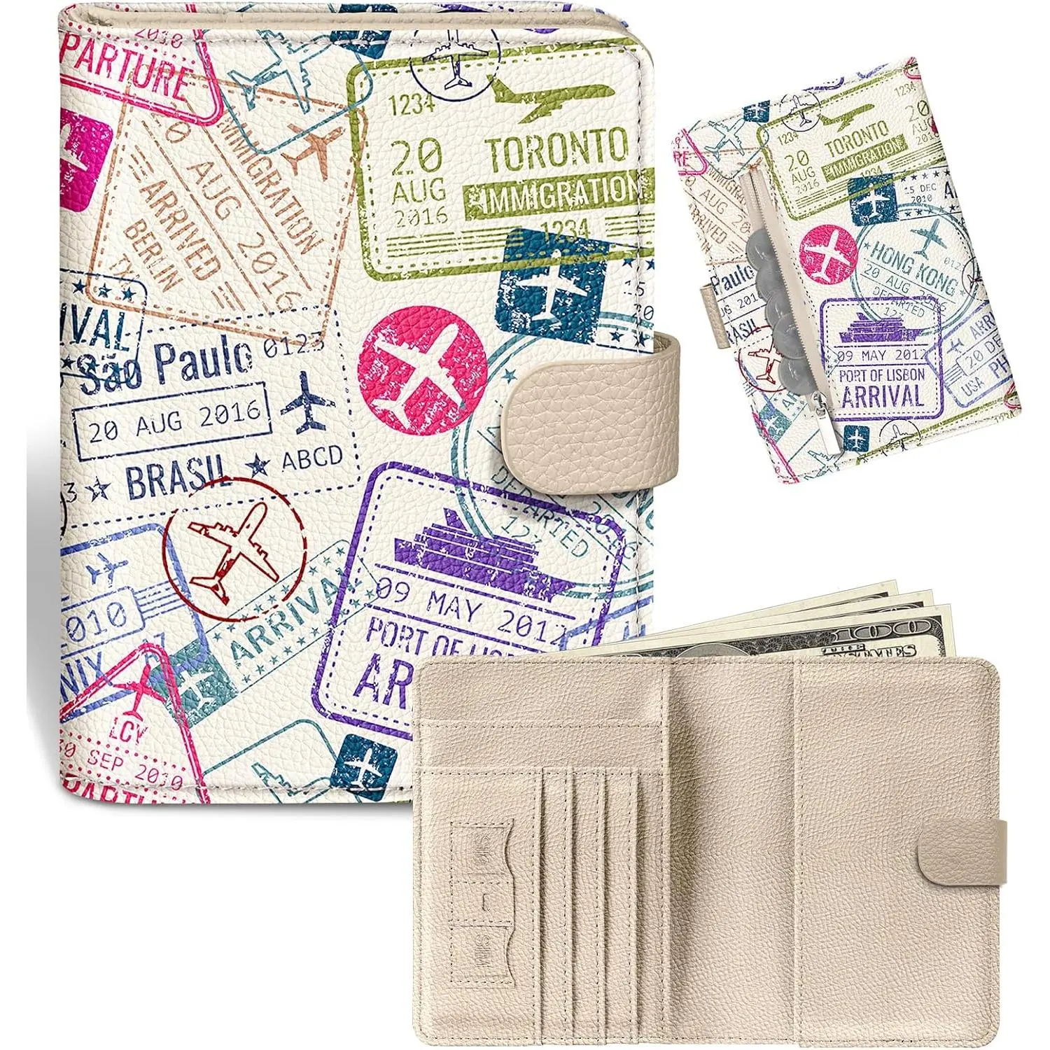 Passport Wallet Holder Cover for Travel - Women Men RFID Blocking Passport Book Case Protector, Cream  Airplane Leather Personalized Organizer Slim Carrier Boarding Pass Cards Slots