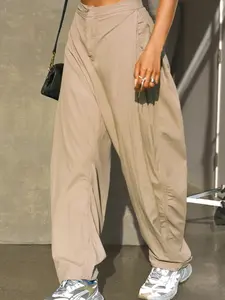 Fisoew Barrel Sweatpants Women Casual Wide Leg Baggy Pants Side Pleated Horseshoe Style Trousers with Pockets