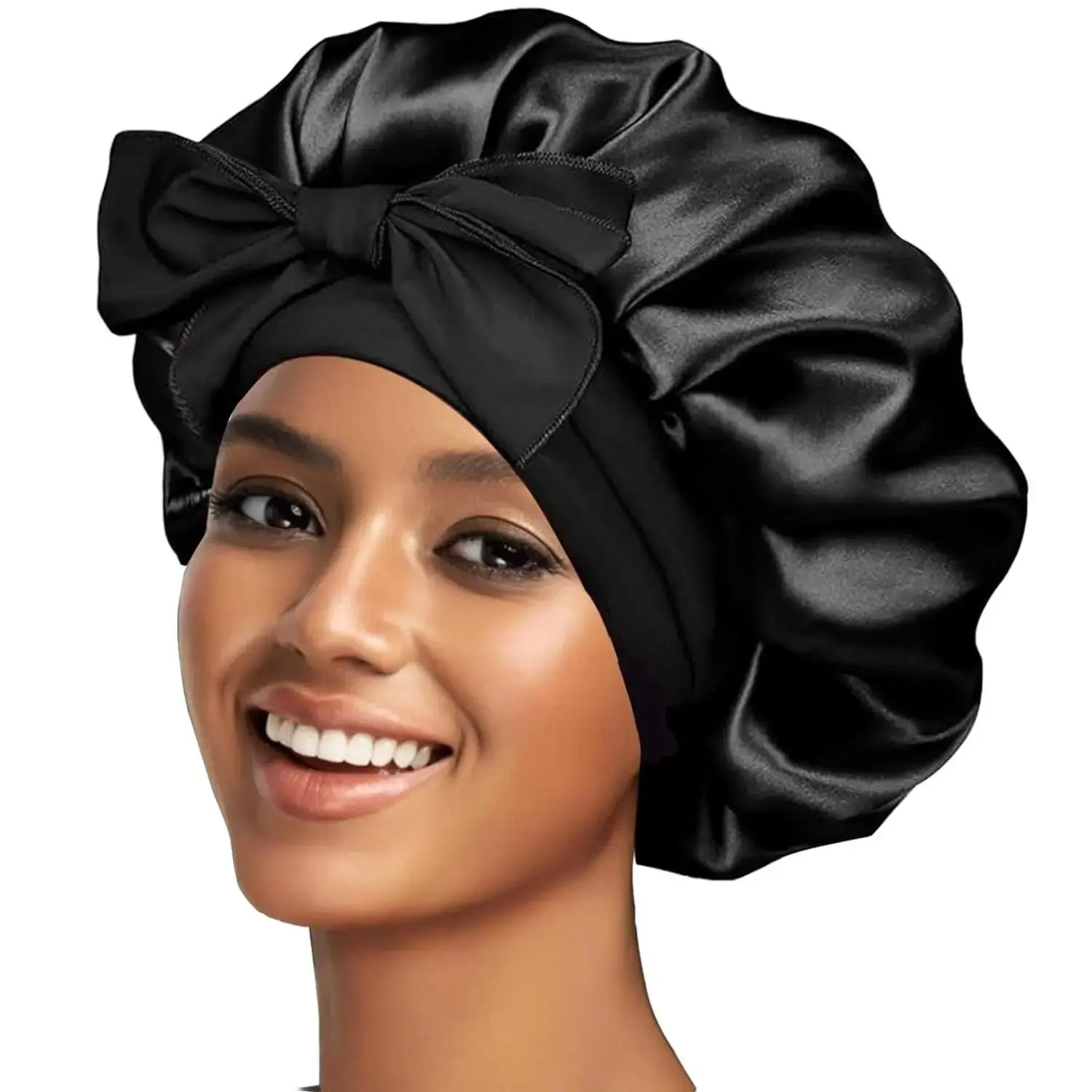 New Deal - Silk Bonnet Satin Bonnet for Sleeping Large Bonnets with Tie Band Hair Wrap Adjustable Straps Hair Cap for Women Curly Black Smooth Elastic Heatless
