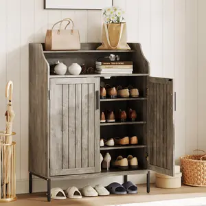 Shoe Storage Cabinet for Entryway, 5-Tier Gray Shoes Cabinet w/Doors and 3 Adjustable Shelves, 41" Tall Wood Shoe Rack for Closet, Modern Shoes Organizer for Entryway, Hallway, Living Room, Gray