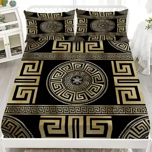 Fitted Sheet 3-Piece Set - 2D Flat Printed Black and Gold Geometric Pattern Mattress Covers, Available in 10 Sizes (1 fitted sheet + 2 pillowcases, no insert). skin-friendly and breathable bedding, suitable for family bedrooms .