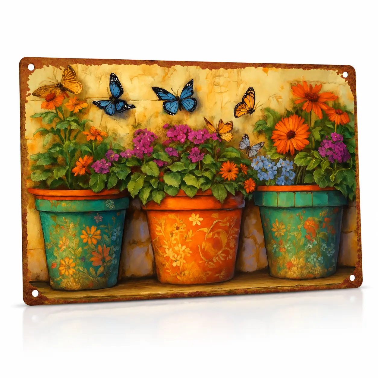 Vintage Metal Garden Tin Sign - 12x8in Rustic Floral Terracotta Potted Flowers & Butterfly Wall Plaque, Farmhouse Kitchen Decor, Balcony Home Supplies, Easy-to-Hang Gift for Plant Lovers metal sign