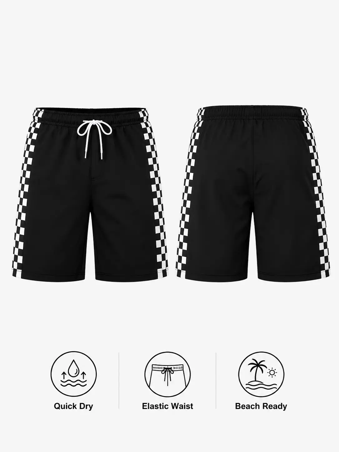 Men’s Checkerboard Side Stripe Swim Shorts Quick Dry Casual Beach Shorts Elastic Waist Drawstring Summer Streetwear Shorts