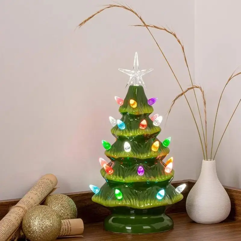 Colorful Ceramic Christmas Tree with Lights for Festive Home Decoration, Ideal Christmas Desk Ornament for Holiday Cheer