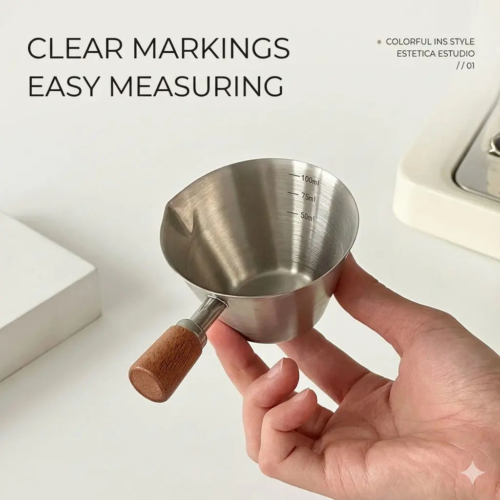 Brushed Stainless Steel Mini Measuring Cup - Compact 100ml, Solid Wood Handle, Smooth Wall, Distinct Volume Markings, Easy Pour Spout, No Messy Drips, Accurate Portion Measurement for Espresso, Home Kitchen Use (Measuring Cups & Jugs)