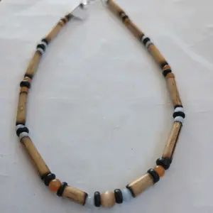 Handmade Bamboo Necklace with Blue & Orange Cats Eye & Bone Beads 16 in Chocker No Plastic Wearable in Shower & Swimming