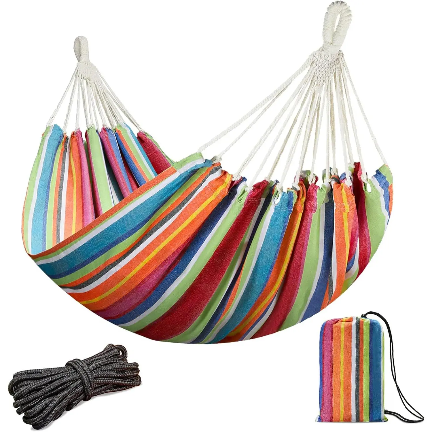 Double Hammock with Hanging Ropes Extra Large  Portable Cotton Hammock for Patio Backyard Porch  Weight Capacity Perfect for Outdoor/Indoor - Color Stripes
