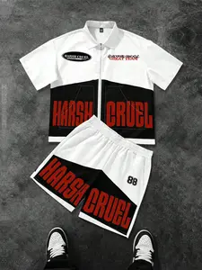 Color Block Racecore Racing 2 Piece Tracksuit Men, Zip Up Short Sleeve Top & Printed Elastic Shorts, Vintage Motorsport Y2K Streetwear Summer Breathable Casual, Athletic Set For Street Style Menswear
