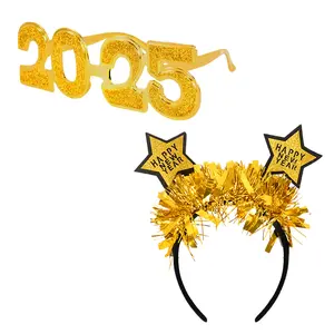 1Set Christmas Photo Props 2025 Glasses Frame Happy New Year Headband Xmas Party Decoration Children Adult Headwear Navidad Gift Masks Ornaments