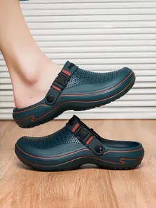 Men's Thick Sole Hole Shoes, Anti-Slip Eva Outdoor Garden Pool Sandals, Comfortable Lightweight Summer Beach Shoes, Casual Striped Design, Slipper Shoes