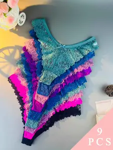 9-Pack [Floral Prints] Comfortable & Breathable G-String Flower Print Soft Thong Mid-Rise Triangle Lady Underwear, Women Briefs Knickers, Feminine Lingerie, Low-Waist, Lingerie For Bedroom Party (6 Color Random Delivery)