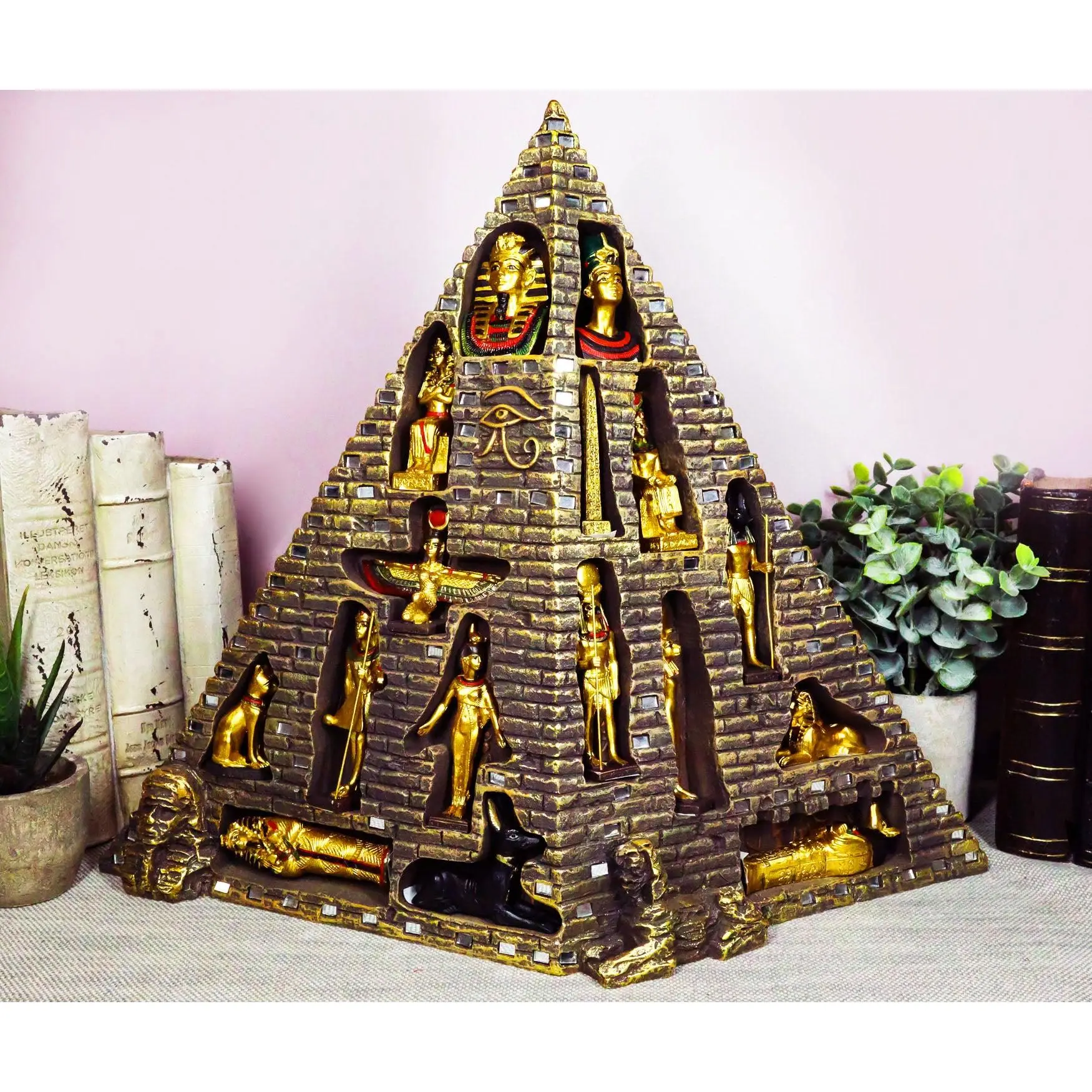 Ebros Hand-Painted Cold Cast Egyptian Pyramid Statue Ornament with 16 Miniature Gods - Anubis, Osiris, Isis, Maat, Bastet - Home Decor Figurine for Gifting, Ornaments