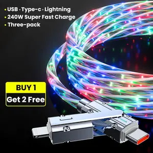 3-Pack BUY 1 GET 2!240W 4-in-1 USB-C Fast Charging Cable with Colorful LED Light for iPhone iPad Samsung Laptop Braided Design Liquid Silicone & Aluminum Alloy
